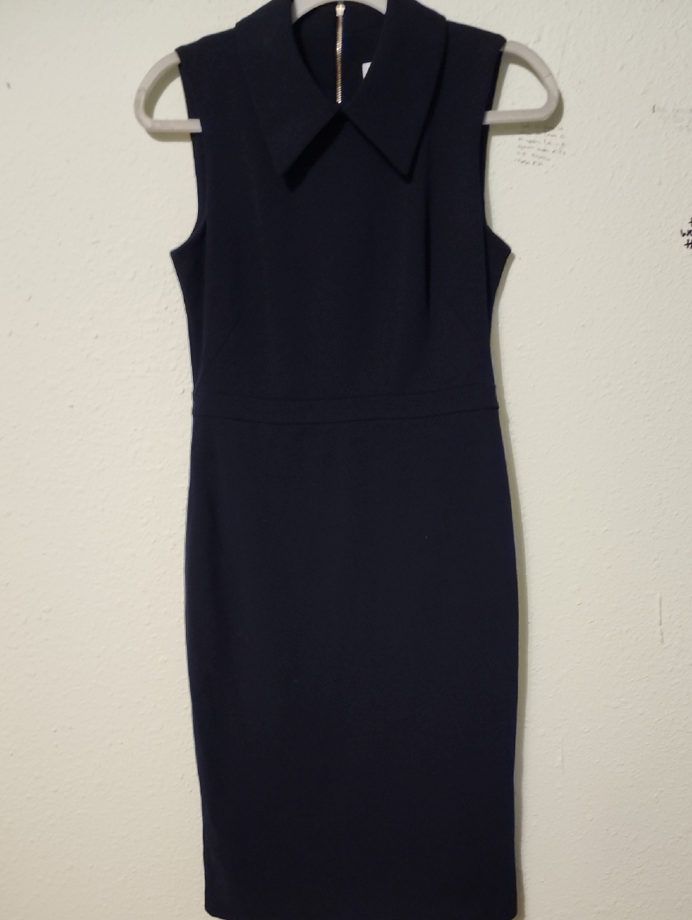 Calvin Klein Sleeveless Navy Sheath Dress with Point Collar
